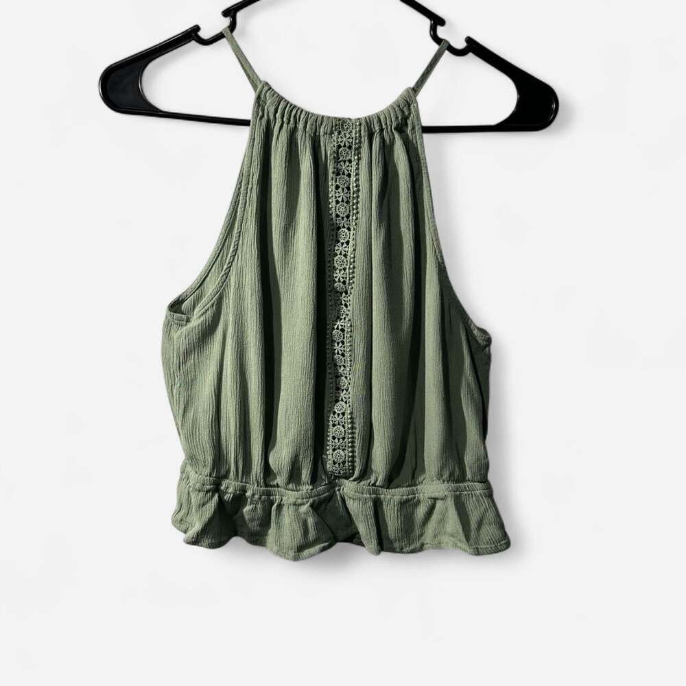 H&M Divided Sage Green Halter Tank Top with Crochet Lace Trim